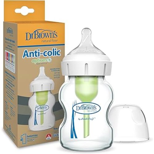 Dr. Brown's Natural Flow Anti-Colic Options+ Wide-Neck Glass Baby Bottle 5 oz/150 mL, with Level 1 Slow Flow Nipple, 1 Pack, 0m+