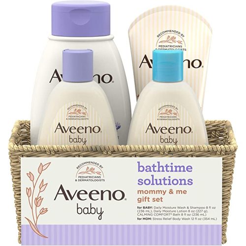 Aveeno Baby Mommy & Me Daily Bathtime Gift Set including Baby Wash & Shampoo, Calming Baby Bath & Wash, Baby Moisturizing Lotion & Stress Relief Body Wash for Mom, 4 items