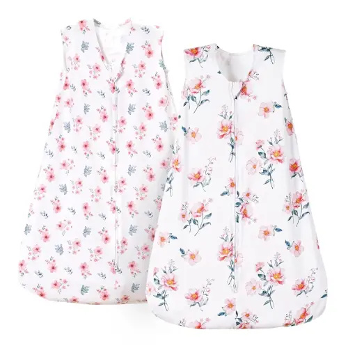 PHF 100% Organic Cotton Baby Sleep Sack, 2-Way Zipper Baby Wearable Blanket, 0-6 Months TOG 0.5 Toddler Sleeping Sack, 2 Pack Sleeveless Soft Sleeping Bags for Baby Boys Girls, Small, Floral