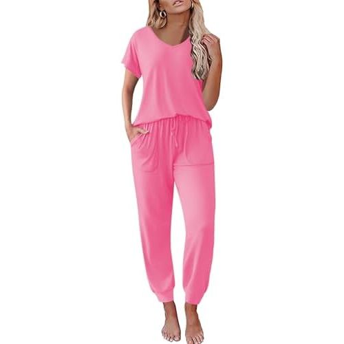 Ekouaer Pajama Sets for Women 2 Piece Lounge Sets Short Sleeve Pullover Top and Jogger Pants Pjs Sleepwear Tracksuit S-XXL
