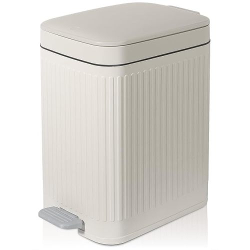 Small Bathroom Trash Can with Lid Slim Soft Close Garbage Can Step Wastebasket Container Trash Bin for Office Bedroom Kitchen Living Room (1.9 Gallon Cream)