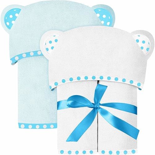 Set of 2 Hooded Baby Towels – White and Blue – Luxurious, Large and Super Absorbent – 30 x 30 Inch – Soft and Suitable for Infants, Toddlers and Kids – 400 GSM