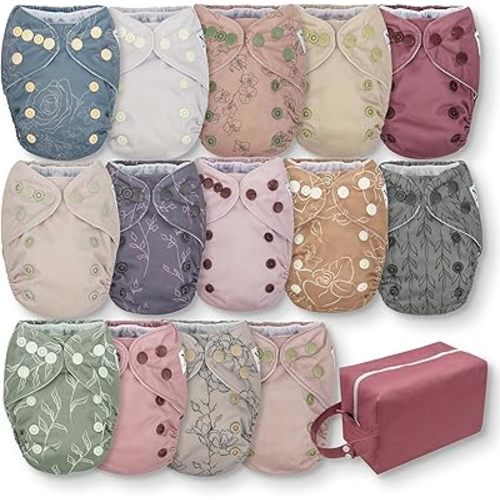 Nora's Nursery Newborn All-in-One Cloth Diaper 14-Pack with Diaper Pod for Clean Diaper Storage - Waterproof, Washable, Reusable, and Adjustable for Babies Under 12lbs - Blushing Blooms