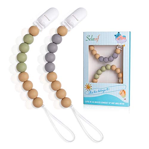 Baby Pacifier Clip Silicone Beads-Newborn Pacifier Holder for Soothie Binkies Teethers BPA Free Natural Chew Teething Relief Toys for Boy Girl Gender Neutral Baby Shower Gifts Unique 2 Pack (Grey)