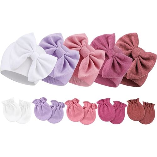 BQUBO Newborn Baby Girls Hats Mittens Set Hospital Hat Beanie Infant Bow Hats Baby Cotton Gloves for 0-6 Months