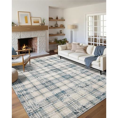 Modern Plaid Washable Rug 8x10 Area Rugs for Living Room Soft Bedroom Rug Tartan Large Area Rug Non Shedding Non Slip Throw Rugs Stain Resistant Carpet for Nursery Office 8'x10' Green/Beige