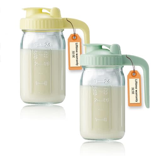 32oz Glass Pitcher with Lid & V-shaped Pour Spout - 1 Quart Double Leak Proof, Creamer Container for Sun Tea, Juice, Cold Brew Coffee, Breastmilk Storage Container