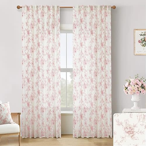 Pink Curtains for Nursery Girls Bedroom,French Country Sheer Blush Floral Victorian Toile Whimsical Pastel Dusty Rose Cottagecore Elegant Linen Curtains for Living Room Baby Kid 96 In Long 2 Panel Set