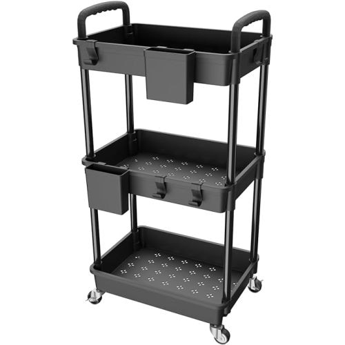 3 Tier Rolling Utility Cart with Handle,REBECAT Utility Cart Made of Multifunctional Storage Organizer Tool for Kitchen,Bathroom,Living Room,Office(Black)