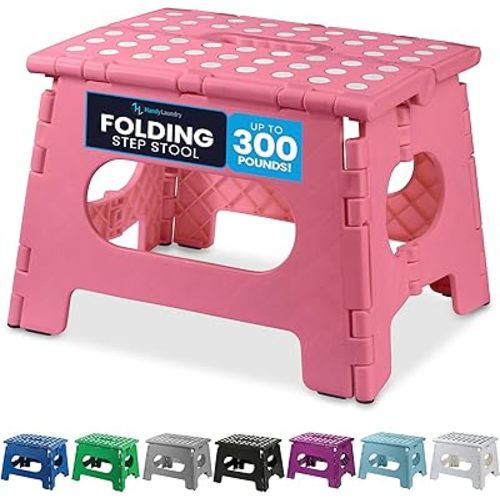 Handy Laundry Folding Step Stool - The Lightweight Step Stool is Sturdy Enough to Support Adults and Safe Enough for Kids. Opens Easy with One Flip. Great for Kitchen, Bathroom or Bedroom. (Pink)