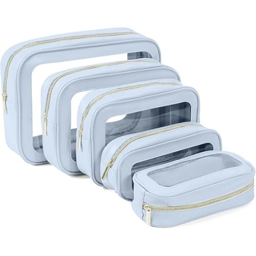 YOPCDJ 5PCS Clear Toiletry Bag,TSA Approved Travel Makeup Pouch with Zipper for Cosmetics and Toiletries，Diaper Bag Organizer Pouch Set，Women's Purse Organizer and Clear Car Bag