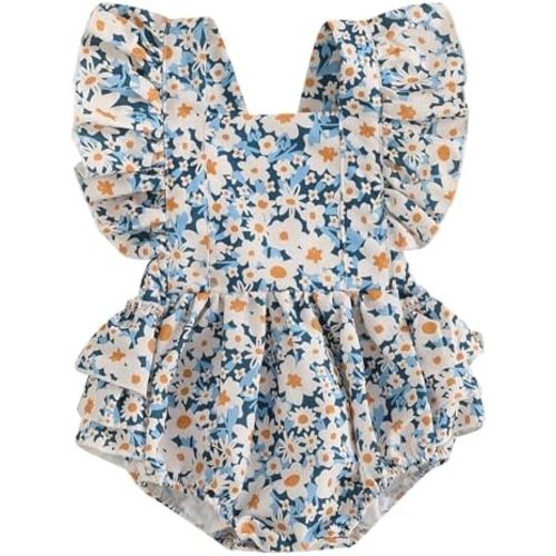 Baby Girl Summer Clothes Ruffle Floral Romper Dress Fly Sleeve Square Neck Bodysuit Jumpsuit Newborn Outfit