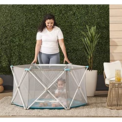 Regalo My Portable Play Yard Indoor and Outdoor, Washable, White/Gray/Teal, 6-Panel