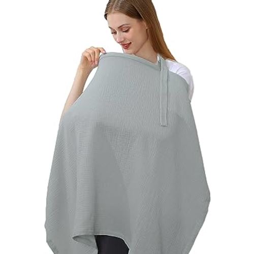 Hicoco 100% Muslin Cotton Breastfeeding Cover, Multi-use Nursing Covers with Arch Neckline, Breathable Nursing Apron (grey)