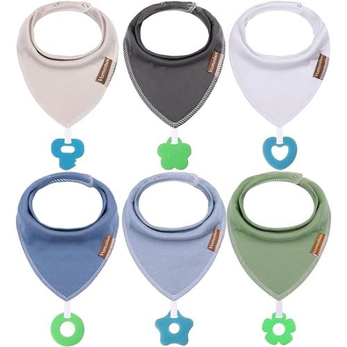 Baby Bandana Drool Bibs 6-Pack and Teething Toys 6-Pack Made with 100% Organic Cotton, Absorbent and Soft Unisex