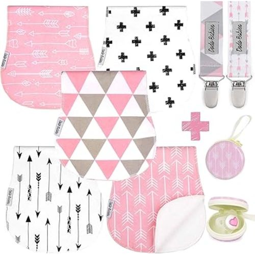 Dodo Babies 5-Pack Baby Burp Cloths - Soft, Absorbent Cotton Burp Cloths - Includes Pacifier Case and 2 Pacifier Clips - Colors: Pink and White