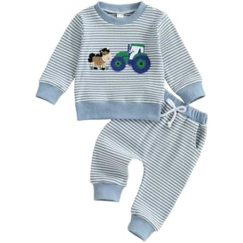Lucikamy Toddler Baby Boy Fall Winter Outfits Tractor Print Long Sleeve Sweatshirt Pants Set Kids Sweatsuit Clothes