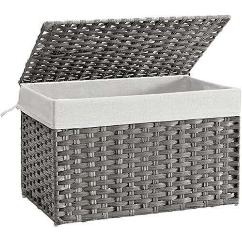 SONGMICS Storage Basket with Lid, 27.7 Gallon (105L) Storage Bin, Woven Blanket Storage Basket with Handles, Foldable, Removable Liner, Metal Frame, for Bedroom, Laundry Room, Gray URST066G01