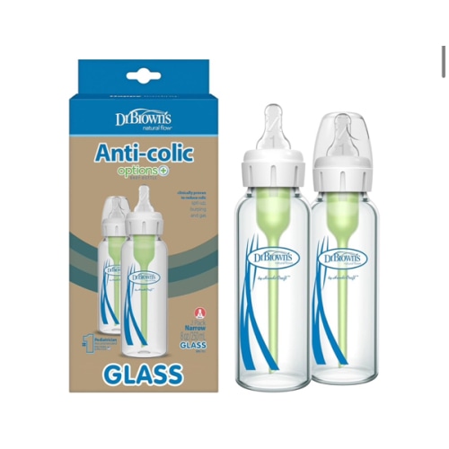 Dr. Brown's Natural Flow Anti-Colic Options+ Narrow Glass Baby Bottle 8 oz/250 mL, with Level 1 Slow Flow Nipple, 2 Pack, 0m+