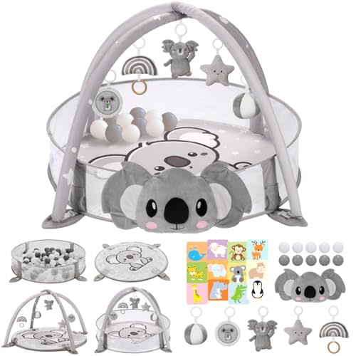 7-in-1 XL Large Baby Play Gym Mat, Tummy Time Mat, Baby Gym & Ball Pit, Baby Activity Mat with Milestone Cards & 6 Detachable Toys for Sensory Motor Skill, Grey Koala