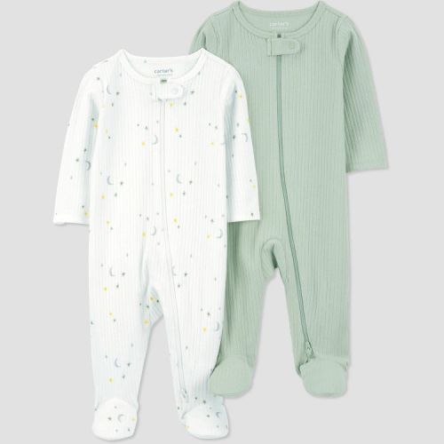 Newborn Size - Carter's Just One You® Baby 2pk Sleep N' Play - Green/Ivory Newborn: Footed Pajamas, Two-Way Zipper