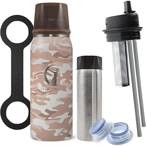 CERES CHILL OG Breastmilk Chiller Bundle with Straw Lid & Infuser – 12–34oz Portable Breast Milk Cooler & 2 Storage Bottles with Universal Pump Adapters – In Plain Sight Camo