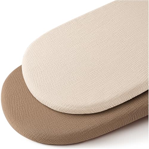 Konssy 2 Pack Muslin Fitted Bassinet Sheets for Baby Girl Boy, Soft Breathable Baby Bassinet Sheets Fit for Baby Bassinets, Cradle, Moses Basket Oval Rectangle Pad/Mattress (Brown,Summer Wheat)