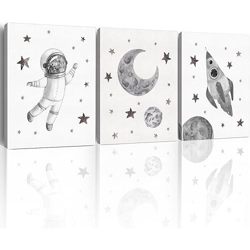 Yuzi-n Space Decor Posters, Set of 3 (12x15 Inches), Outer Space Room Decor for Boys Room, Grey and White Wall Art Prints