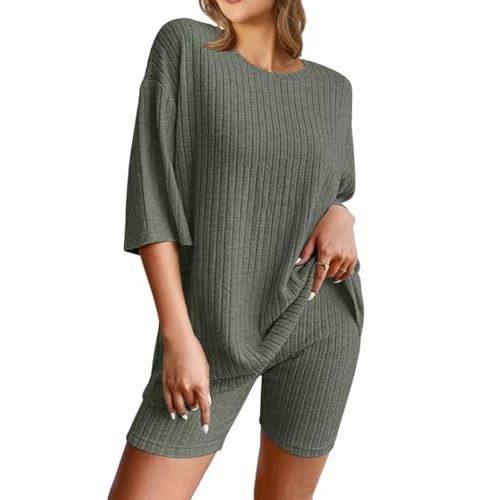 NORACORA Pajamas 2 Piece Lounge Sets Ribbed Knit for Women Matching T-shirt Shorts Outfits Sleepwear