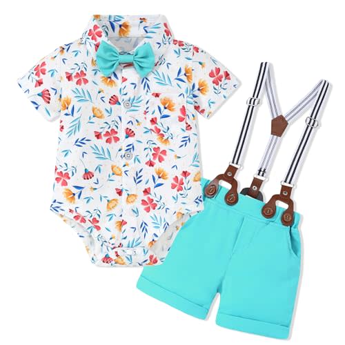 WESIDOM Baby Boy Clothes Suit 0-24 Months Gentleman Outfits, Short Sleeve Dress Romper+Bowtie+Detachable Suspender Shorts Set