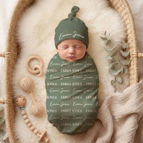 Newborn Blanket & Hat, Personalized Baby Swaddle Blankets, Custom Nursery Supplies, Baby Solid-color Customized Name Swaddle Blanket