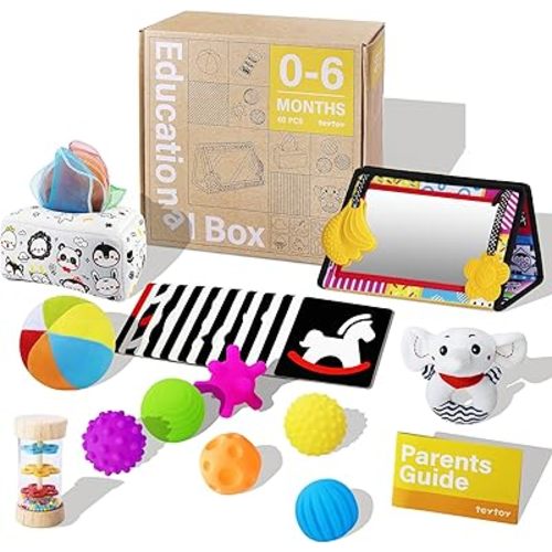 Montessori Toys for Babies 0-6 Months,7 in 1 Newborn Toys Baby Gifts Set Early Learning Toys with Black & White Baby Flashcards,Tummy Time Mirror,Baby Rattle,Sensory Balls,Tissue Box Toys,Rain Stick