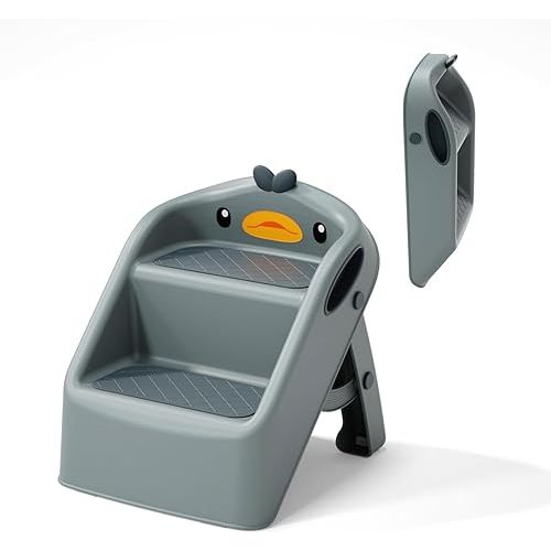 Toddler Step Stool Dark Grey, Foldable 2 Step Stool for Kids Bathroom Sink Potty Toilet, 15" Height(11" Two Steps & 4" Back Support), Cute & Lightweight Gift to Give Todders 1-3 More Independence