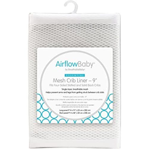AirflowBaby Breathable Mesh Liner for Full-Size Cribs, 9"H (23cm) Essential 2mm Mesh, White (Size 4FS Covers 3 or 4 Sides)