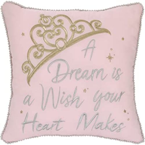 Disney Princess Enchanting Dreams Pink and Gold Embroidered Crown Decorative Throw Pillow with White Pom Pom Trim