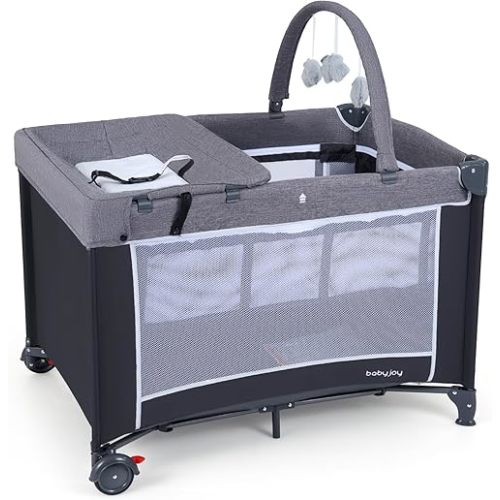 BABY JOY 3 in 1 Pack and Play, Travel Crib Bassinet Bed for Baby, Changing Table w/Safety Belt, Toy Bar, Lockable Wheels, Portable Baby Playard from Newborn to Toddler