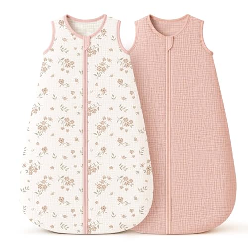 Konssy Muslin Baby Sleep Sack 6-12 Months 0.7 TOG, 2 Pack 100% Cotton Wearable Blanket for Babies, 2-Way Zipper Breathable Sleeping Sack Infant Toddler Essentials for Girls and Boys (Blossom, Pink)