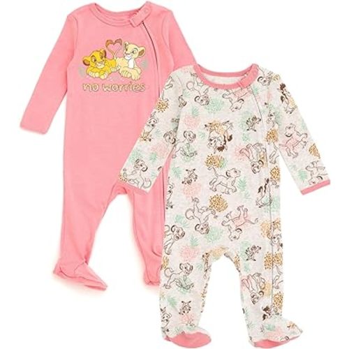 Disney Minnie Mouse Princess Classics Lion King Baby Girls 2 Pack Zip Up Sleep N' Plays Newborn to Infant