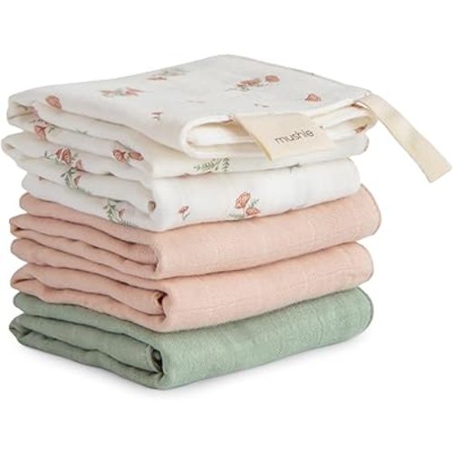 mushie Muslin Organic Cotton Washcloths 5-Pack (Pink Flowers Combo) | Soft Wipes for Baby Cleanups and Bathing