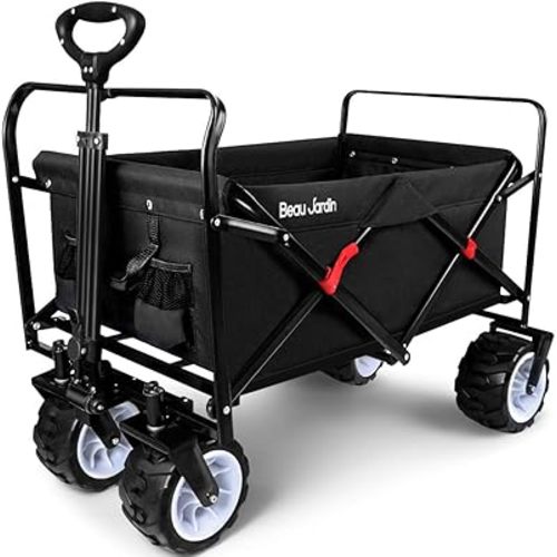 BEAU JARDIN Collapsible Folding Wagon 300 Pound Capacity Heavy Duty Foldable Beach Wagon Cart Grocery Utility Wagon for Garden Sports Shopping Outdoor All Terrain Wheel Portable Black