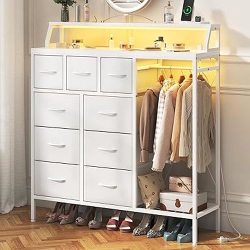 Dresser with Hanging Rack & Shelves, 9 Fabric Drawers Dresser for Bedroom with Charging Station & LED Lights, Closet Organizers and Storage, White