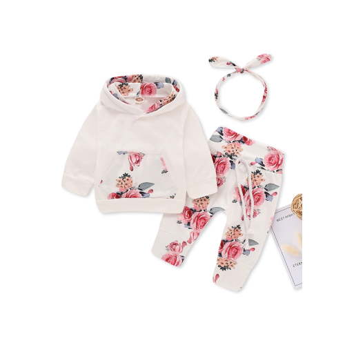 PatPat Cute Outfits for Baby Girls: 95% Cotton Long-sleeve Floral Hoodie, Pants & Headband Set, 6-9 Months