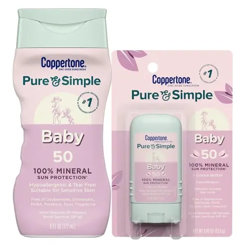 Coppertone Pure and Simple Baby Mineral Sunscreen Lotion SPF 50 (6 Fl Oz) + Baby Sunscreen Stick SPF 50 (0.49 Oz), Hypoallergenic and Fragrance Free