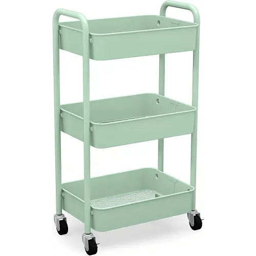 CAXXA 3-Tier Rolling Metal Storage Organizer - Mobile Utility Cart, Kitchen Cart with Caster Wheels (Aqua Green)