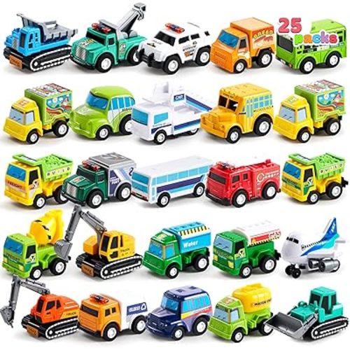 JOYIN 25 Pieces Pull Back Cars and Trucks Toy Vehicles Set for Toddlers, Girls and Boys Kids Play Set, Die-Cast Car, Kids Party Favors, Easter Stocking Stuffers, Birthday Gift