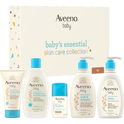 Aveeno Baby Essential Skincare Gift Set, 5-Piece Collection with Wash and Shampoo, Daily Moisture Body Lotion, Face Moisturizer & Newborn Wash and Baby Balm, Gentle Daily Care for Sensitive Skin