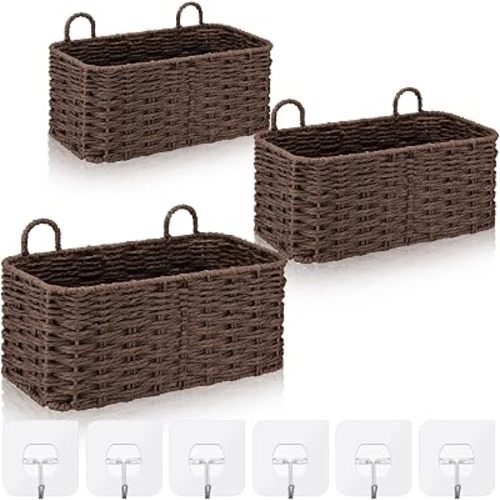 3 Pcs Wall Hanging Baskets, Rectangle, Brown, Paper Cord