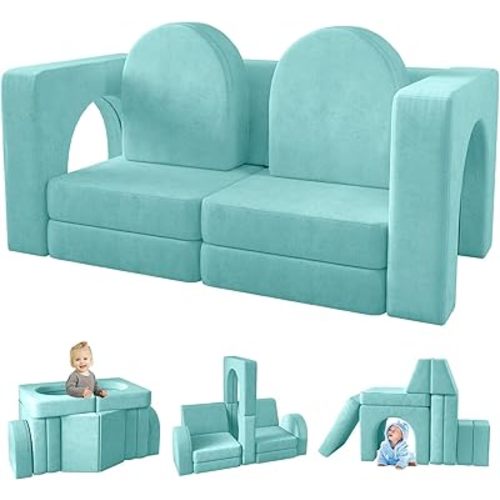 wanan Kids Couch 10PCS, Modular Kids Play Couch for Playroom Bedroom, 10 in 1 Multifunctional Kids Sofa for Playing, Creativing, Sleeping, Indoor Toddler Couch for Boys and Girls (Ice-Snow Blue)