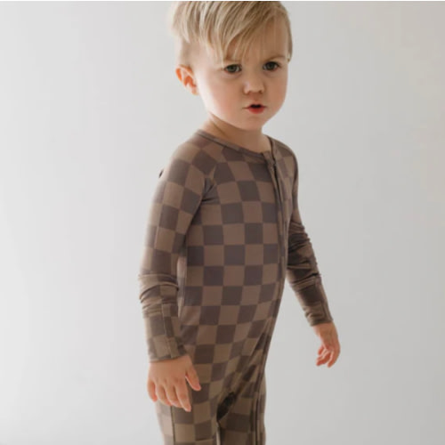 Bamboo Zip Pajamas | Faded Brown Checkerboard