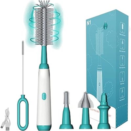 Electric Bottle Brush Set with Baby Bottle Brush 4-Piece,Bottle Brush,Nipple Brush,Straw Brush and Extension Handle,USB Rechargeable,Gift for Pregnant Women and New Moms (Green)